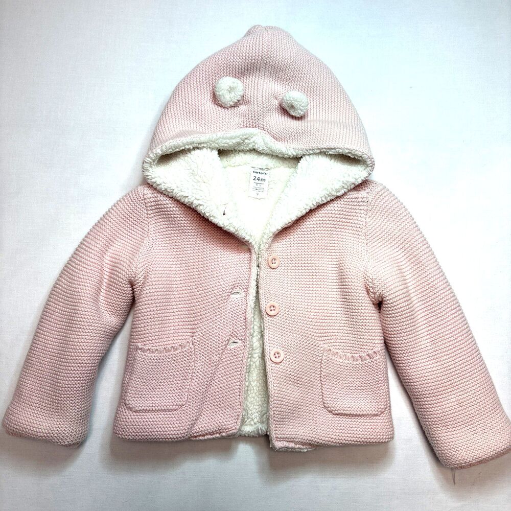 Carters Baby Pink Button Front Hooded Sherpa Cardigan Jacket 24 months